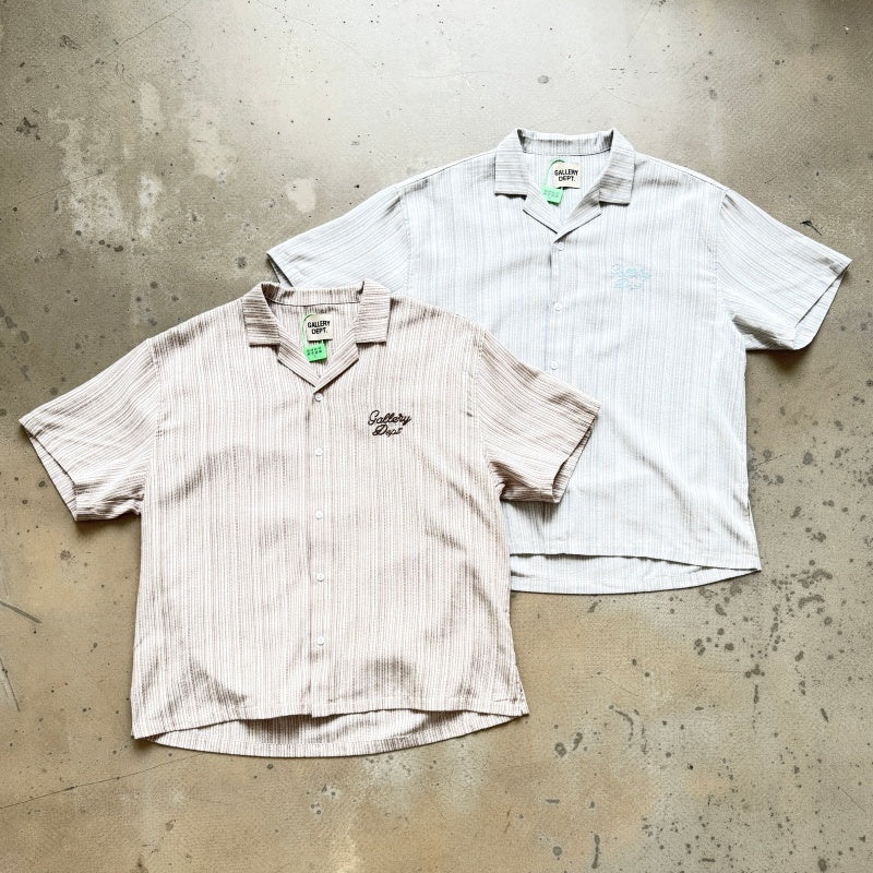 Unisex Vintage T Shirts GALLERY DEPT. 26SS American vintage-style, loose-fitting short-sleeve shirt featuring a Cuban collar and a dapper old-money aesthetic. Crafted from a custom linen-blend fabric with a vertical-stripe jacquard weave; breathabl