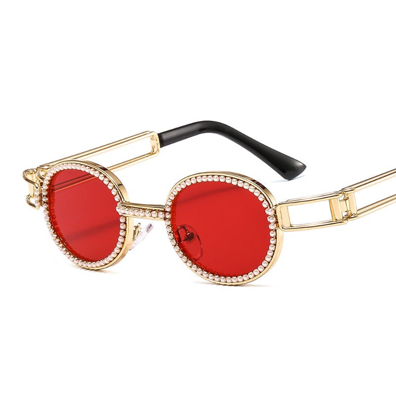 Trendy punk glasses small oval pearl uv protection