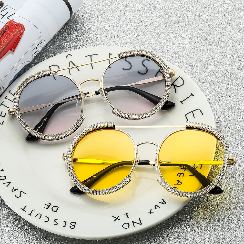 Trendy punk glasses diamond round frame uv protection