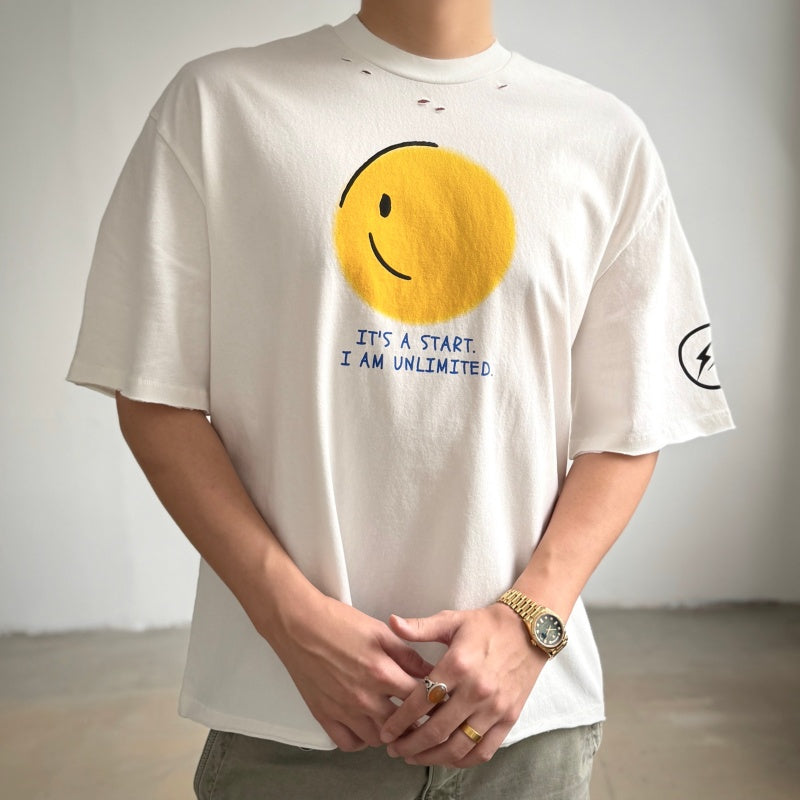 Unisex Vintage T Shirts Saint x Hiroshi Fujiwara IT'S A START Limited Collaboration â€?Authentic-spec 320g heavyweight fabric (retaining weight after washing); vintage single-stitch and blind-stitch construction; garment-dyed with enzyme-abrasion wa
