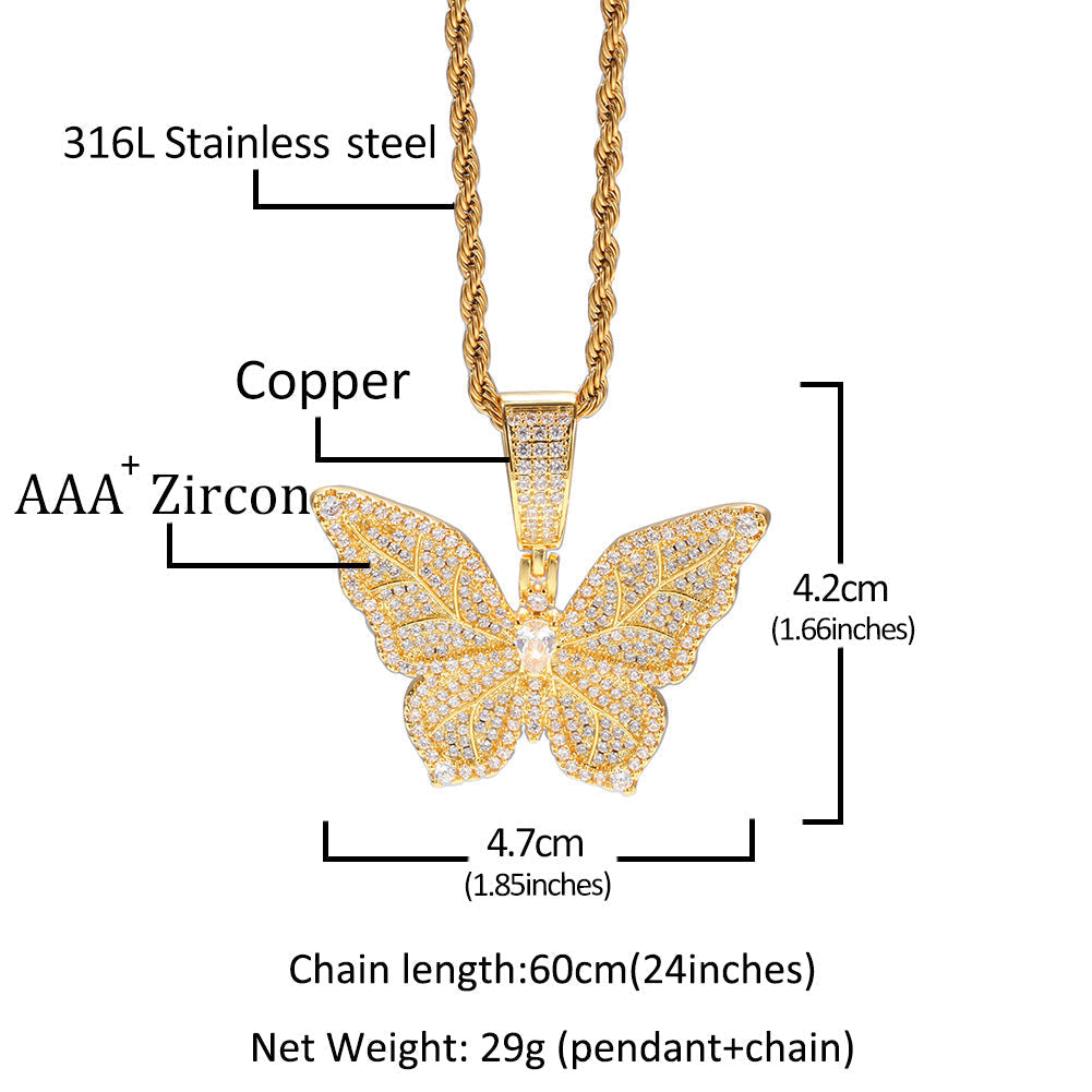 Jewelry Hip Hop Zircon Butterfly Pendant Necklace ins Wind Butterfly Animal St. Valentine's Spectrum