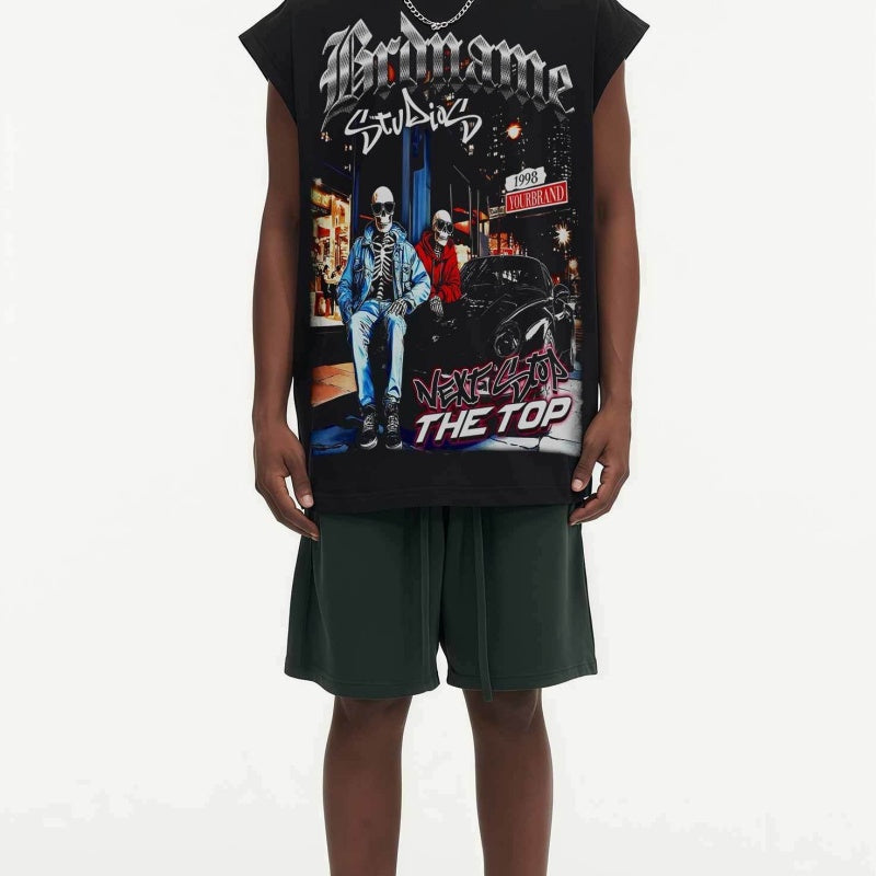BIG FACE Drop-Shoulder Tank Top High-street vintage style featuring a small neckline, white-ink digital direct-to-garment (DTG) printing, and a heavy-duty, distressed wash finish; crafted from 260g double-yarn plain-knit fabric.