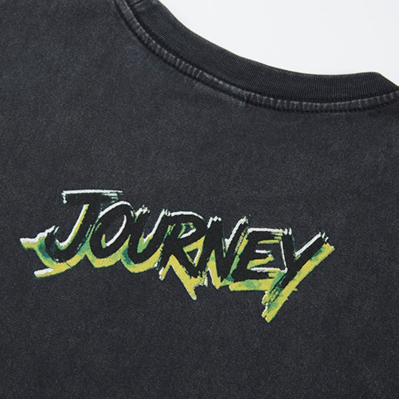 Unisex vintage T-shirts Boy with a backpack and headphones