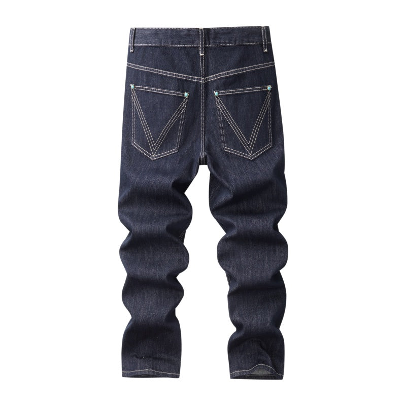 Denim Jacket & Jeans High-Street Trend Hip Hop Denim Pants Loose Fit Dark Blue Contrast Stitching Button Fly Straight Cut Raw Denim Jeans Streetwear Vintage Trousers (jacket and jeans must be purchased separately.)