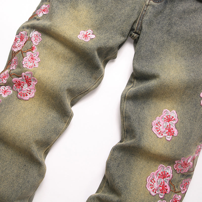 Mens Fashion Jeans Pink cherry blossom embroidery 5719# Pure cotton high quality