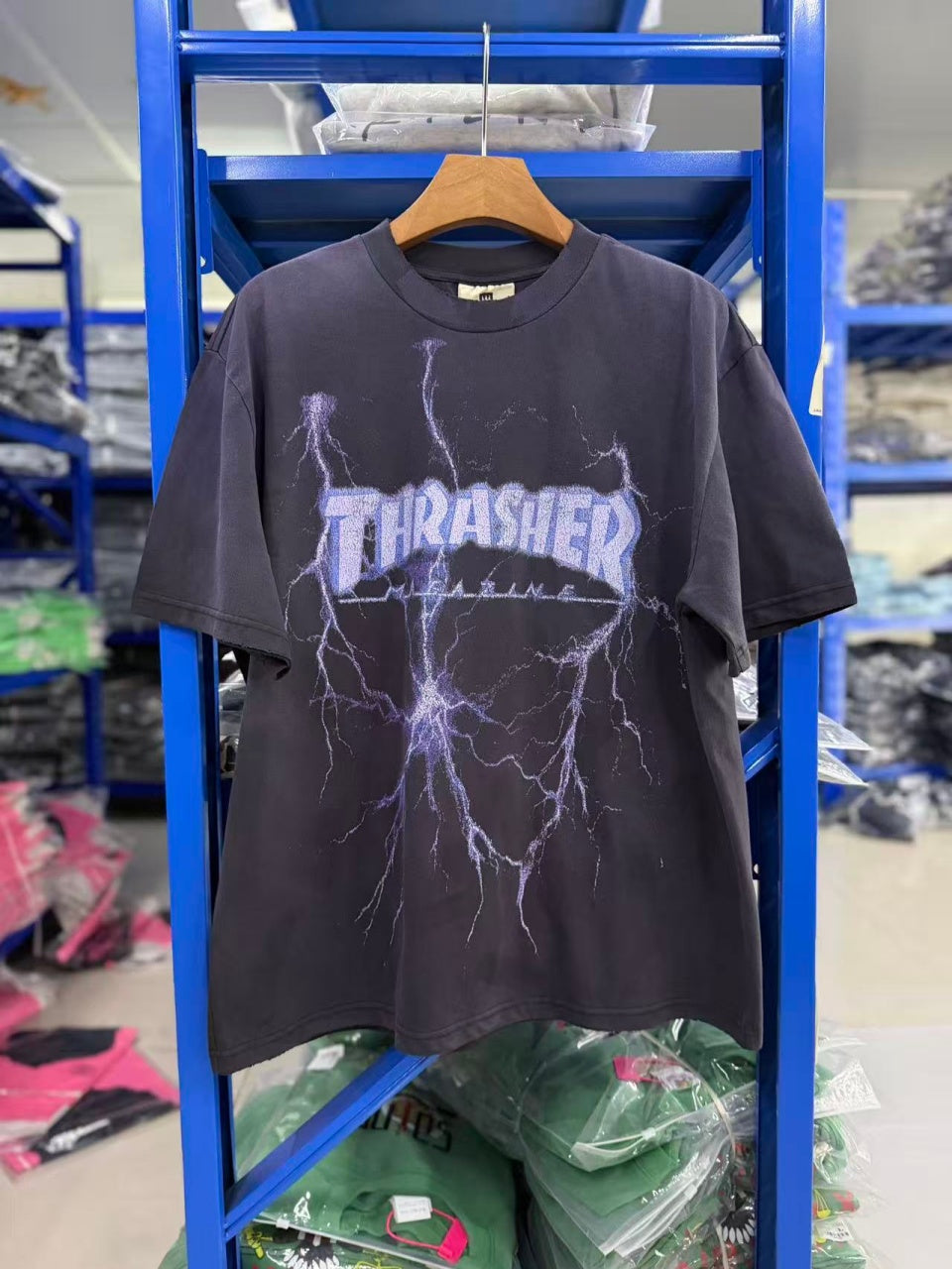 Vintage style washed summer wear T shirt Purple Lightning 260G pure cotton high-quality streetwear