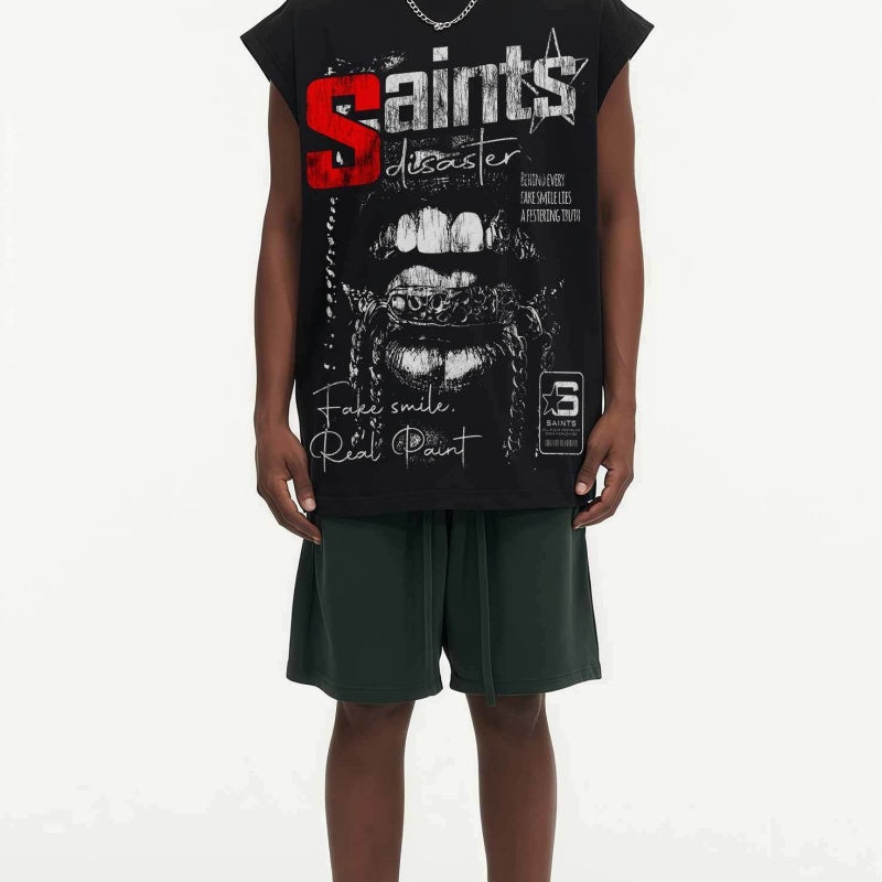 BIG FACE Drop-Shoulder Tank Top High-street vintage style featuring a small neckline, white-ink digital direct-to-garment (DTG) printing, and a heavy-duty, distressed wash finish; crafted from 260g double-yarn plain-knit fabric.