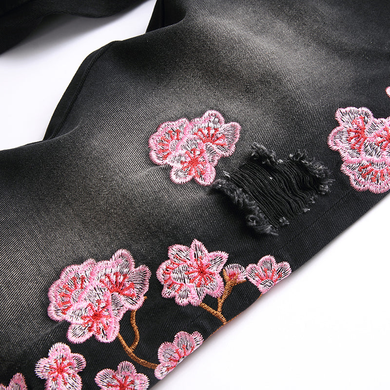 Mens Fashion Jeans Pink cherry blossom embroidered wide-leg pants 5710# Pure cotton high quality