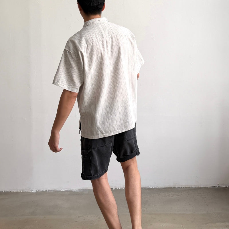 Unisex Vintage T Shirts GALLERY DEPT. 26SS American vintage-style, loose-fitting short-sleeve shirt featuring a Cuban collar and a dapper old-money aesthetic. Crafted from a custom linen-blend fabric with a vertical-stripe jacquard weave; breathabl