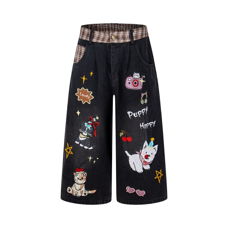 Street-style vintage Cropped trousers Retro Harajuku Style Loose-Fit Casual Jorts with Graphic Patches and Contrast Details