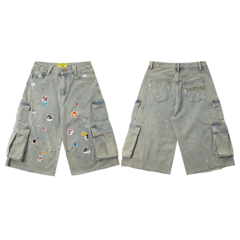 Street-style vintage Cropped trousers Retro Distressed Loose-Fit Wide-Leg Denim Cargo Shorts with Graphic Accents