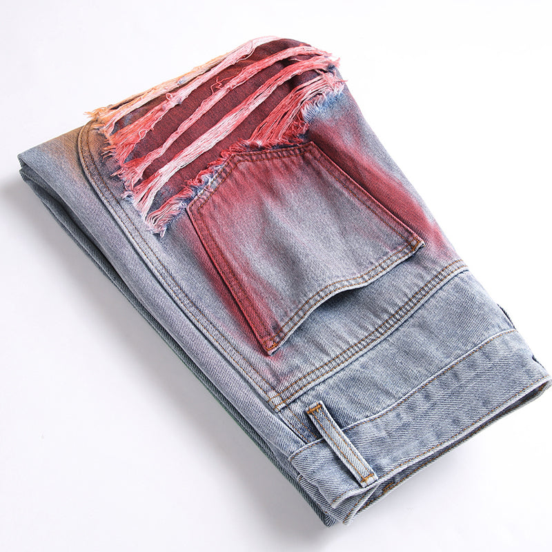 Mens Fashion Jeans Colorful Destructive Ribbons 5715# Pure cotton high quality
