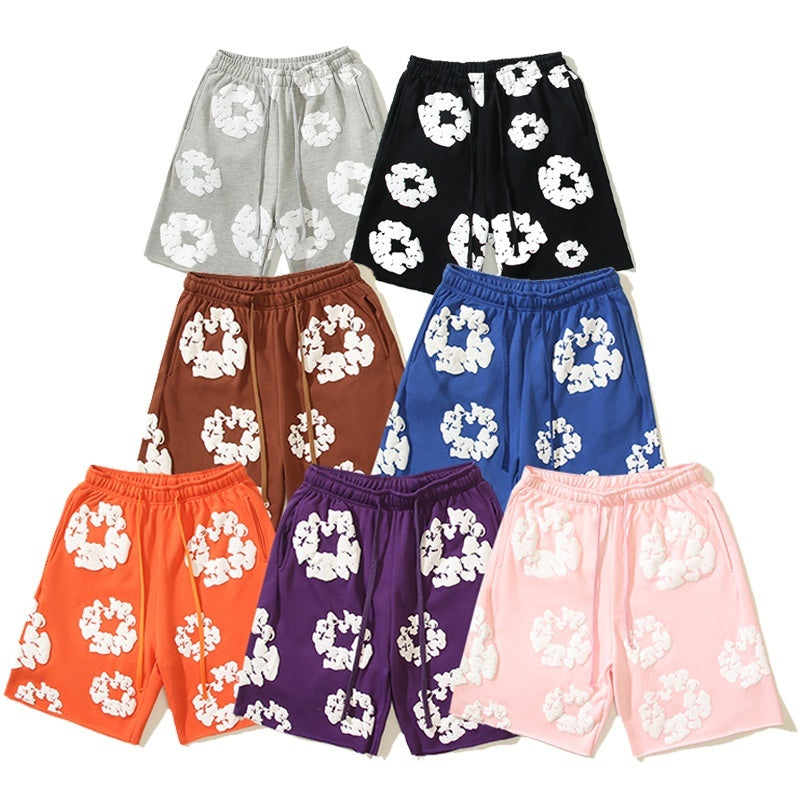 Denim Tears Shorts Cotton All-Over Flower Wreath Graphic Oversized Drawstring Shorts