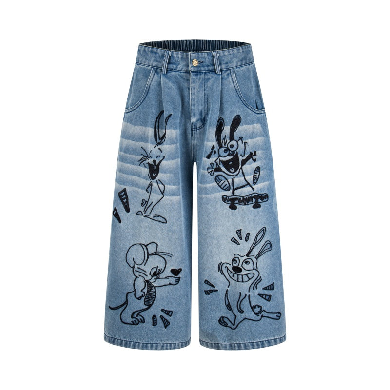 Street-style vintage Cropped trousers Retro Casual Harajuku Style Straight-Leg Denim Trousers with Cute Sketch Character Prints