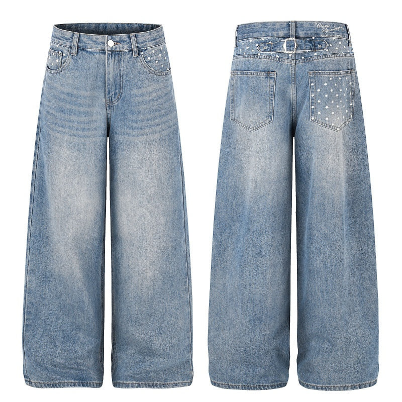 American-style streetwear harem pants Sparkle Studded Retro Denim Casual Wear