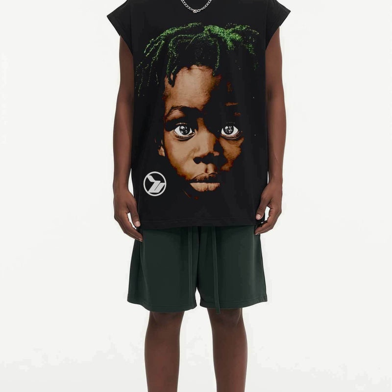 BIG FACE Drop-Shoulder Tank Top High-street vintage style featuring a small neckline, white-ink digital direct-to-garment (DTG) printing, and a heavy-duty, distressed wash finish; crafted from 260g double-yarn plain-knit fabric.