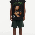 BIG FACE Drop-Shoulder Tank Top High-street vintage style featuring a small neckline, white-ink digital direct-to-garment (DTG) printing, and a heavy-duty, distressed wash finish; crafted from 260g double-yarn plain-knit fabric.