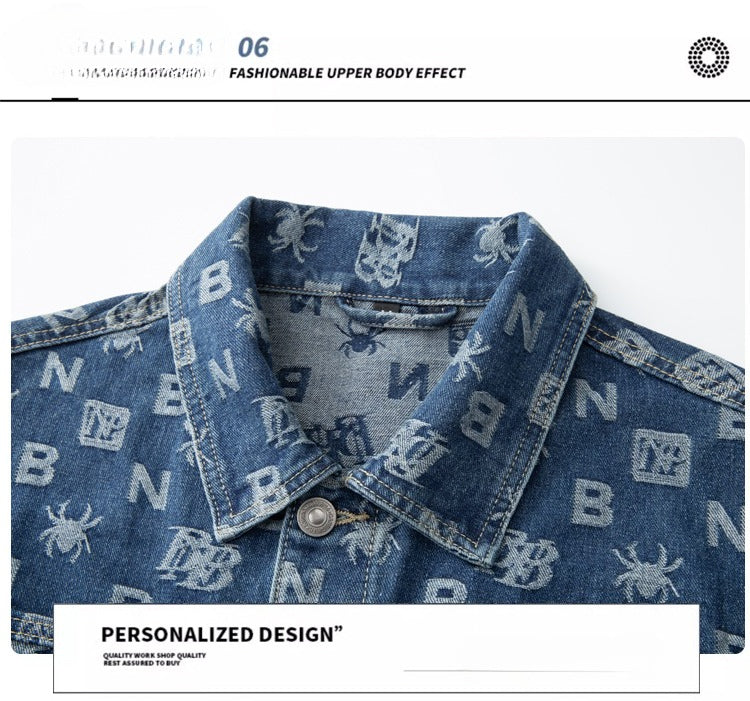 Denim Jacket & Jeans High-Street Trend Retro Casual Matching Monogram Graphic Trucker Jacket and Slim-Fit Pants Outfit (jacket and jeans must be purchased separately.)