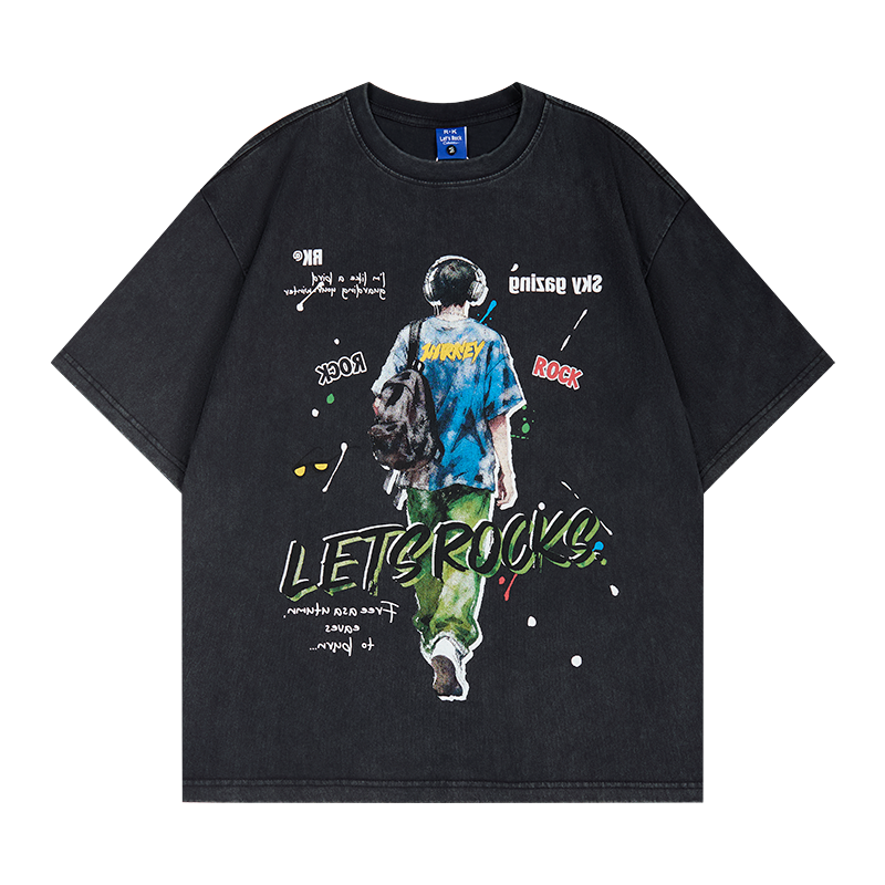 Unisex vintage T-shirts Boy with a backpack and headphones