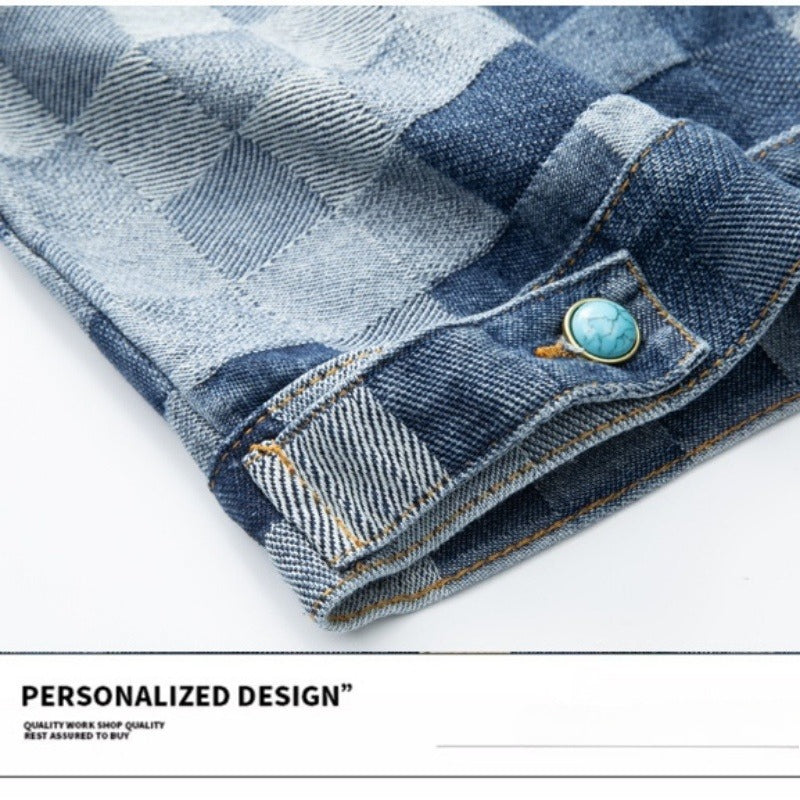 Denim Jacket & Jeans High-Street Trend Streetwear Jacket Vintage Blue Washed Grid Graphic Turquoise Button Casual Denim Outerwear (jacket and jeans must be purchased separately.)