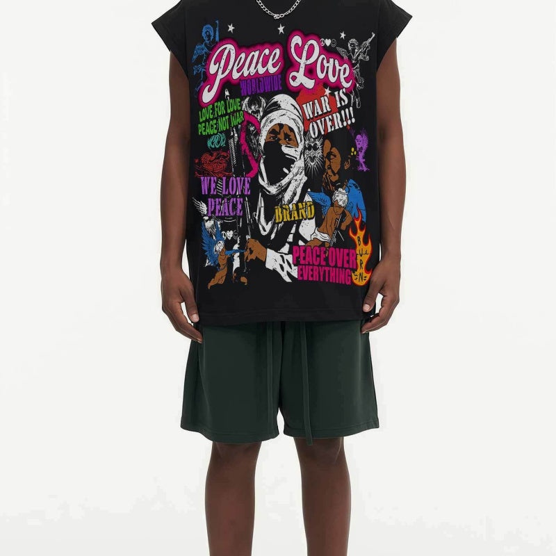 BIG FACE Drop-Shoulder Tank Top High-street vintage style featuring a small neckline, white-ink digital direct-to-garment (DTG) printing, and a heavy-duty, distressed wash finish; crafted from 260g double-yarn plain-knit fabric.