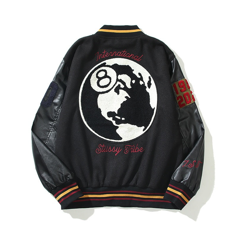 American-style baseball jacket Leather Sleeve 8-Ball Globe Graphic Oversized Streetwear Brand 40th Anniversary Limited Edition Black 8 Quilted Wool-Blend Varsity Jacket â€?High-Street Hip-Hop Style with Embroidery (Kenijima-Style)