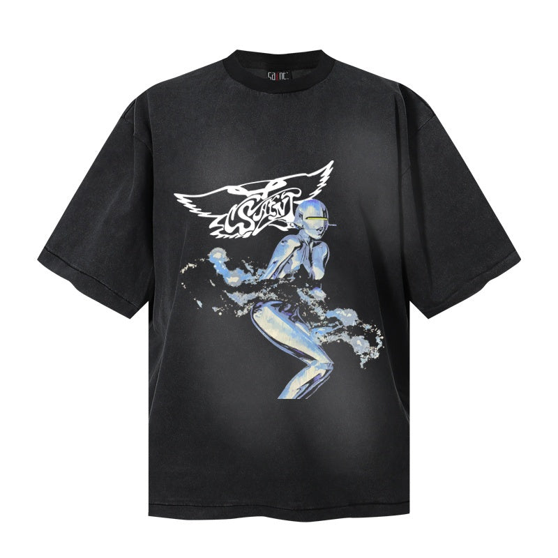 Saint Michael T Shirts Y2K Metallic Lady Wing Gothic Lettering Dark Tone T-shirt Design