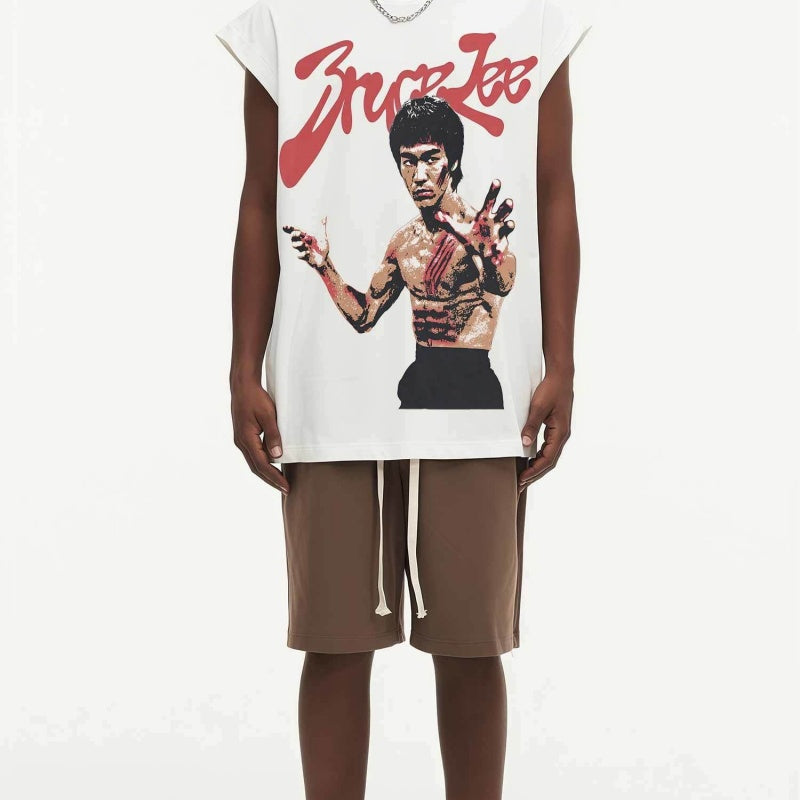 BIG FACE Drop-Shoulder Tank Top High-street vintage style featuring a small neckline, white-ink digital direct-to-garment (DTG) printing, and a heavy-duty, distressed wash finish; crafted from 260g double-yarn plain-knit fabric.