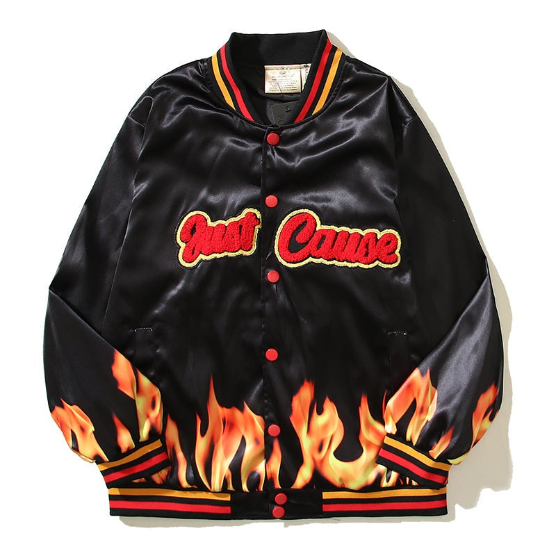 American-style baseball jacket Trending Vintage-Style Sports Sweatshirt: NBA-Inspired Flame Print & Retro Towel Embroidery