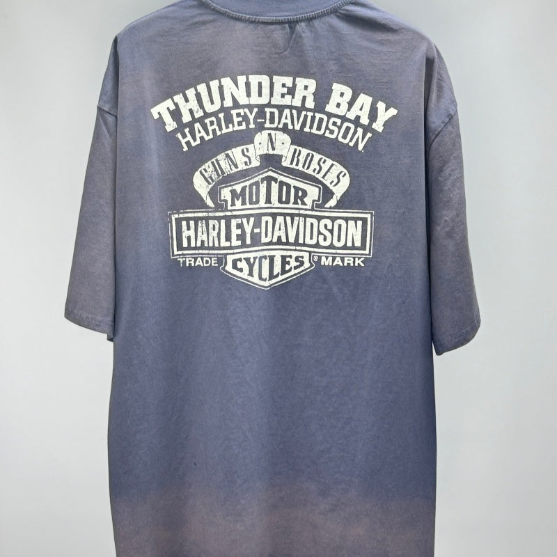 Unisex Vintage T Shirts Guns N' Roses x Harley-Davidson Limited Collaboration: Graphite Blue Short-Sleeve T-Shirt. Features a washed, distressed finish with whiskering effects and premium American-style plastisol screen printing. High-quality textu
