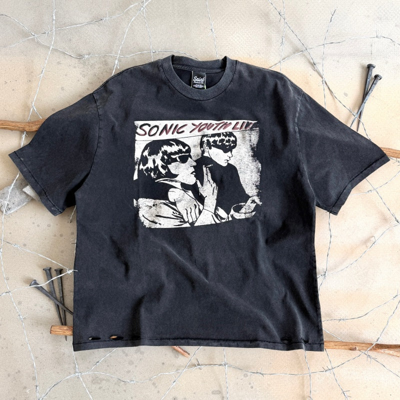 Unisex Vintage T Shirts An ultra-rare piece worn by Kurt Cobain during the 1990 tour: the SONIC YOUTH x NIRVANA collaboration. Crafted from heavyweight 260g pure cotton fabric, it features vintage single-stitch construction and a heavy enzyme-washed