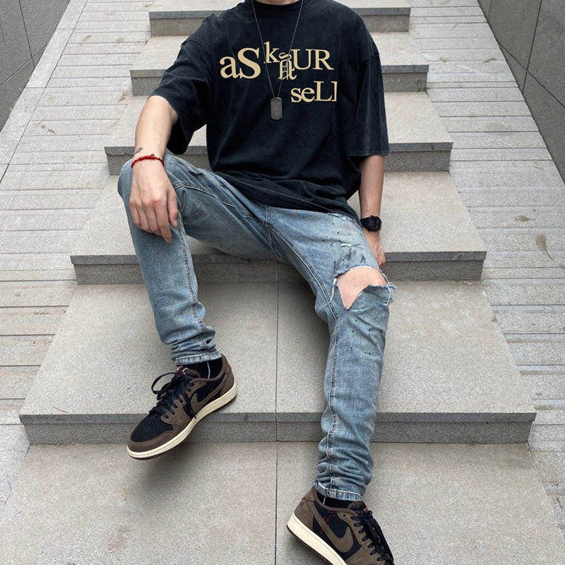 Mens T-shirt Vintage American-style Streetwear-style Kanye puff print
