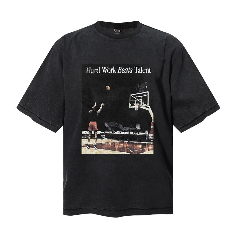 Saint Michael T Shirts Faded Texture Outdoor Basketball Court Figure & Letter Oversized Tee Print