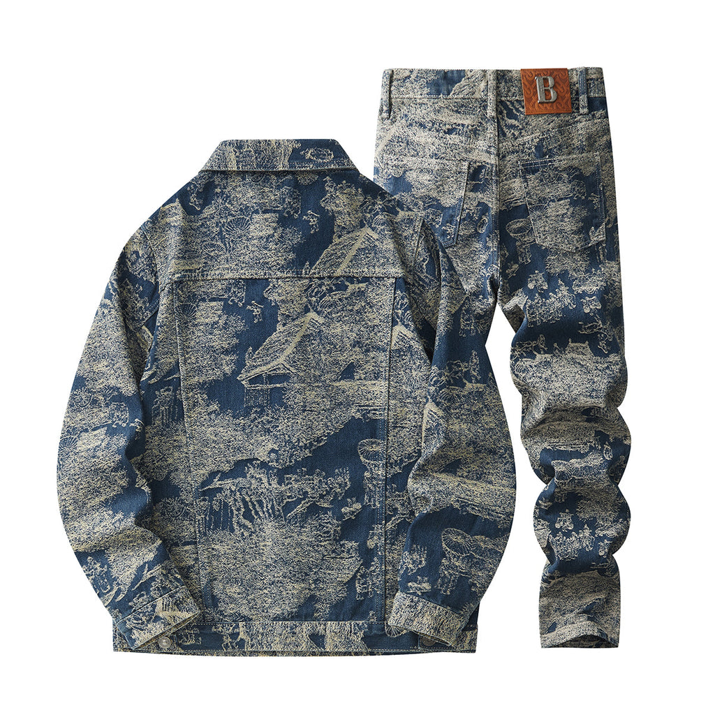 Denim Jacket & Jeans High-Street Trend Men's Vintage Toile de Jouy Scenic Print Denim Jacket and Jeans Set  Retro Casual Matching Artistic Landscape Graphic Trucker Jacket and Pants Outfit (jacket and jeans must be purchased separately.)