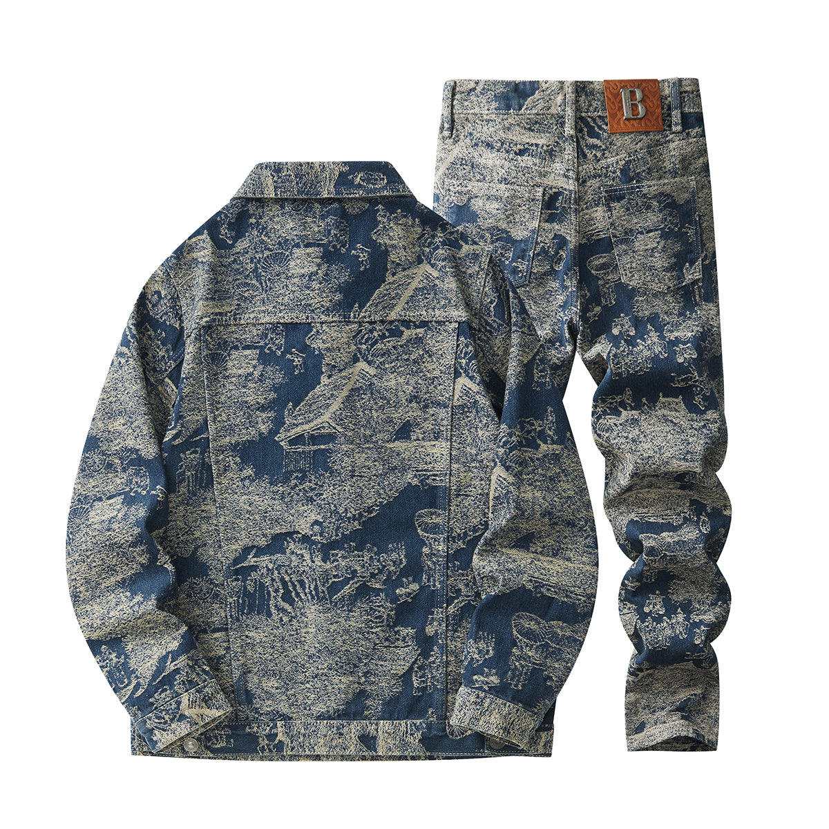 Denim Jacket & Jeans High-Street Trend Men's Vintage Toile de Jouy Scenic Print Denim Jacket and Jeans Set  Retro Casual Matching Artistic Landscape Graphic Trucker Jacket and Pants Outfit (jacket and jeans must be purchased separately.)