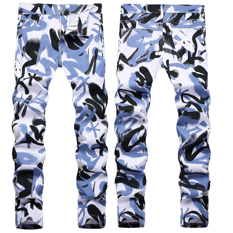 Mens Fashion Jeans Blue paintbrush graffiti 8837# Pure cotton high quality