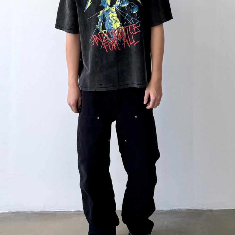 Unisex Vintage T Shirts Saint × BerBerJin × Metallica three-way collaboration washed short-sleeve tee. Features vintage single-stitch construction, heavy enzyme-wash finish, and distressed cut-and-tear detailing across multiple areas.