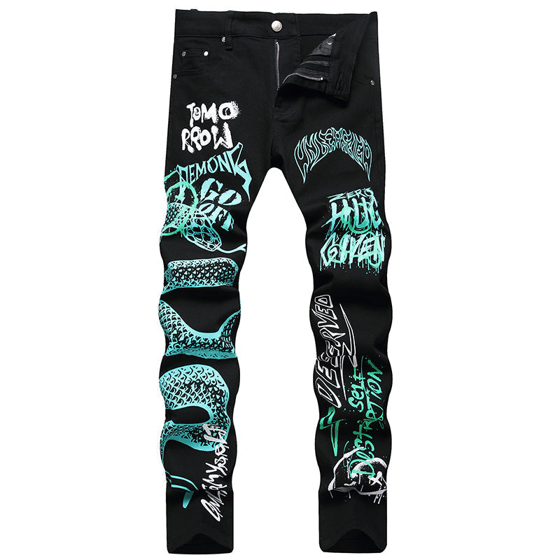 Mens Fashion Jeans Green Snake Street Graffiti 5705# Pure cotton high quality