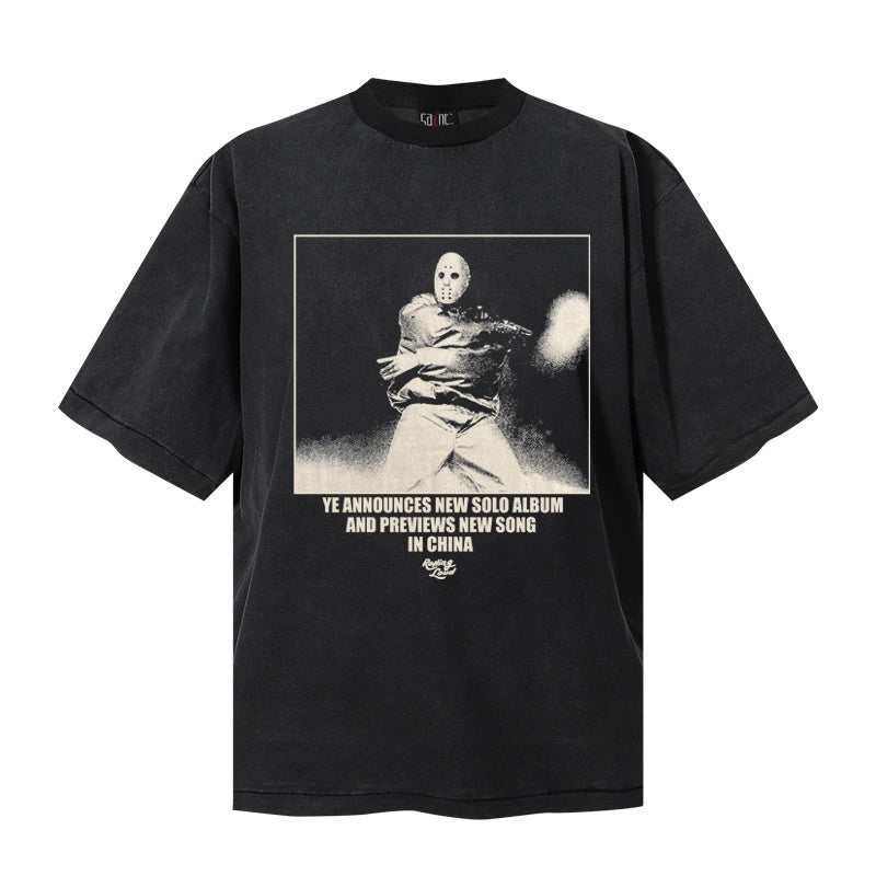 Saint Michael T Shirts Grunge Washed Black Oversized Tee Masked Figure Square Border Portrait Print