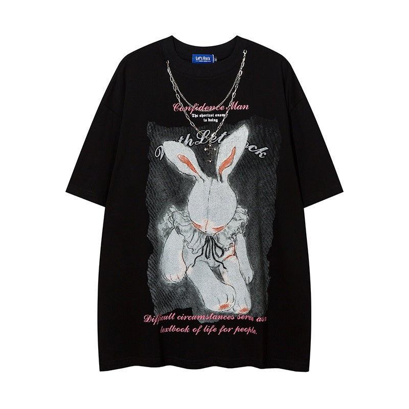 Unisex vintage T-shirts Textured rabbit and letter print