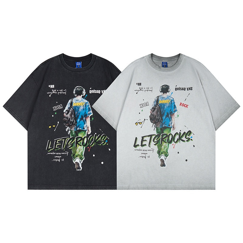 Unisex vintage T-shirts Boy with a backpack and headphones