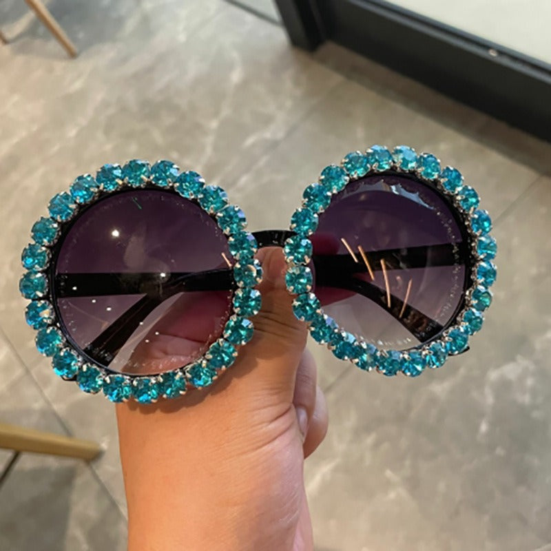 Trendy punk glasses diamond round frame sunscreen