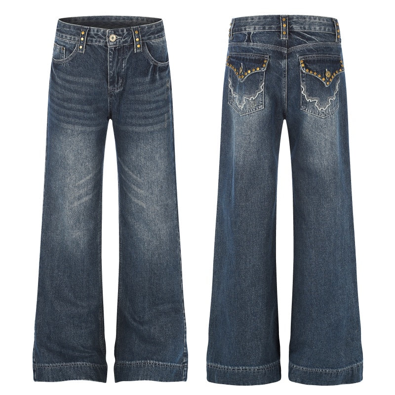 American-style streetwear harem pants Metal Stud Embellishment Retro Wide Flare Cut