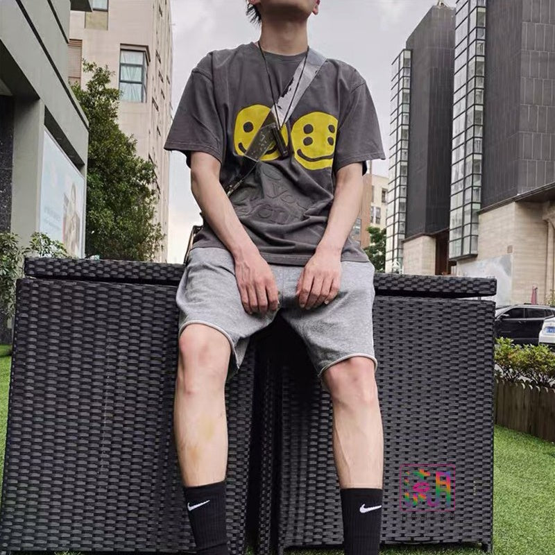 Mens T-shirt Vintage American-style Trendy Kanye-style oversized tee featuring a double-yolk smiley face design with puff print.