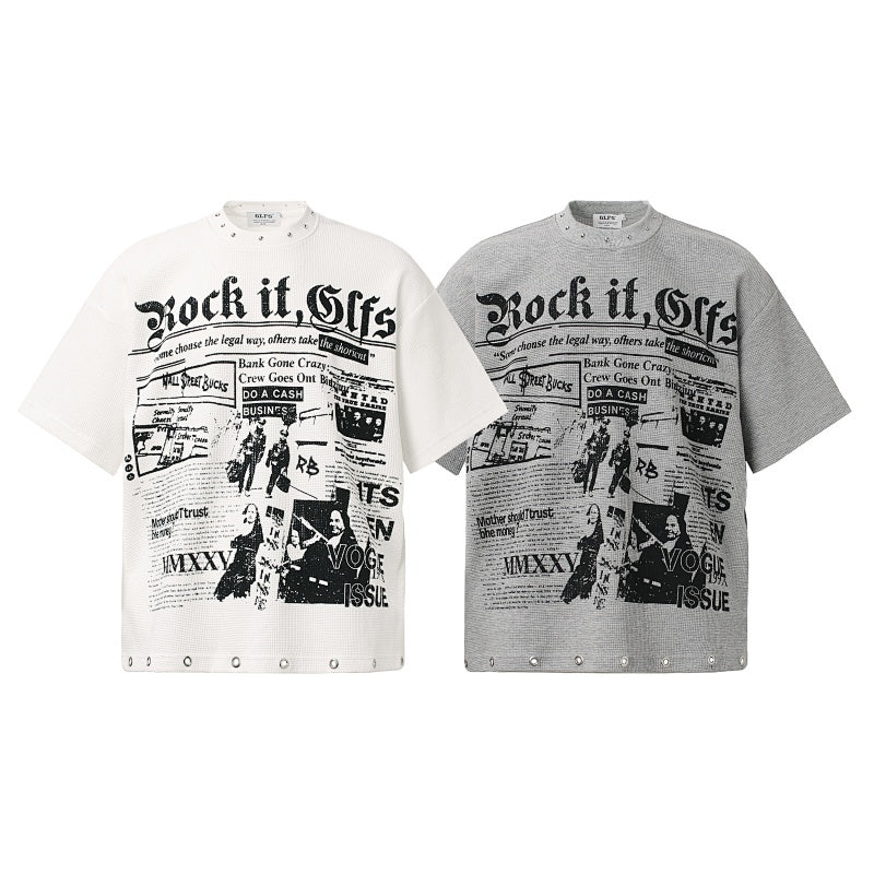 Unisex vintage T-shirt  gray-white waffle fabric with rivets