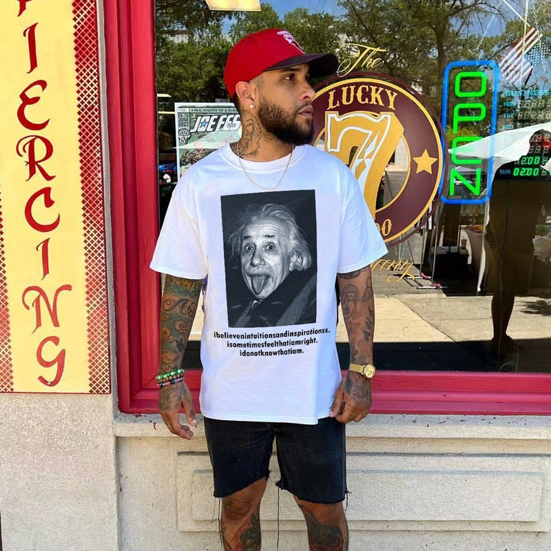 Mens T-shirt Vintage Trendy streetwear/hip-hop style: Einstein sticking out his tongue in a playful, quirky manner.