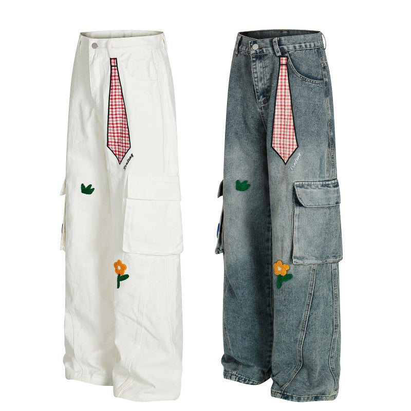 American-style streetwear harem pants Plaid Tie Patch Multi Cargo Pocket Design