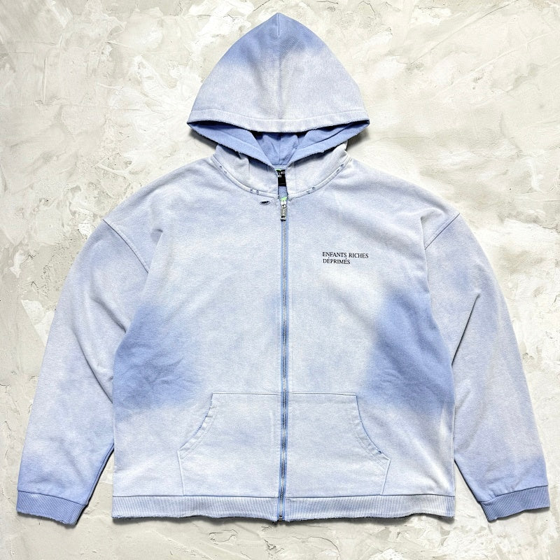 Unisex Vintage Hoodie Oversized, relaxed-fit layered jacket; natural washed-out, faded, and distressed finish; hand-distressed details in multiple areas; pure cotton.