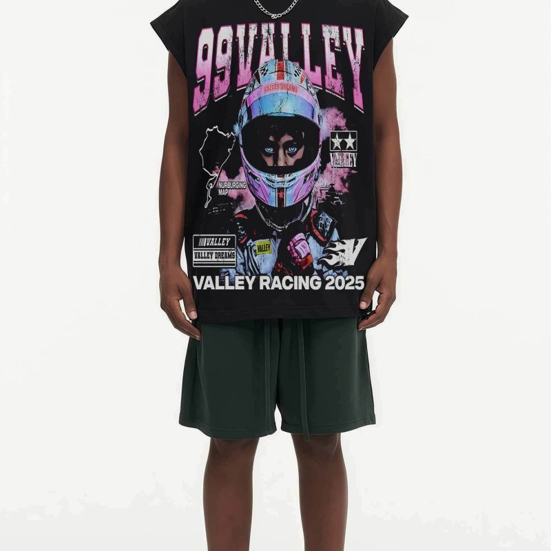 BIG FACE Drop-Shoulder Tank Top High-street vintage style featuring a small neckline, white-ink digital direct-to-garment (DTG) printing, and a heavy-duty, distressed wash finish; crafted from 260g double-yarn plain-knit fabric.