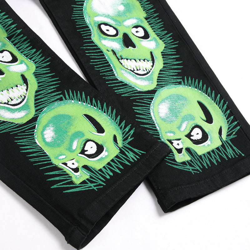 Mens Fashion Jeans Green glowing skull 5709# Pure cotton high quality
